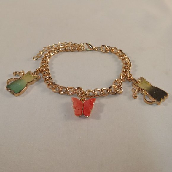 Yellow Gold Plated Mystic Cat Butterfly Charm Chain Bracelet Women's Party Gift - Picture 4 of 5